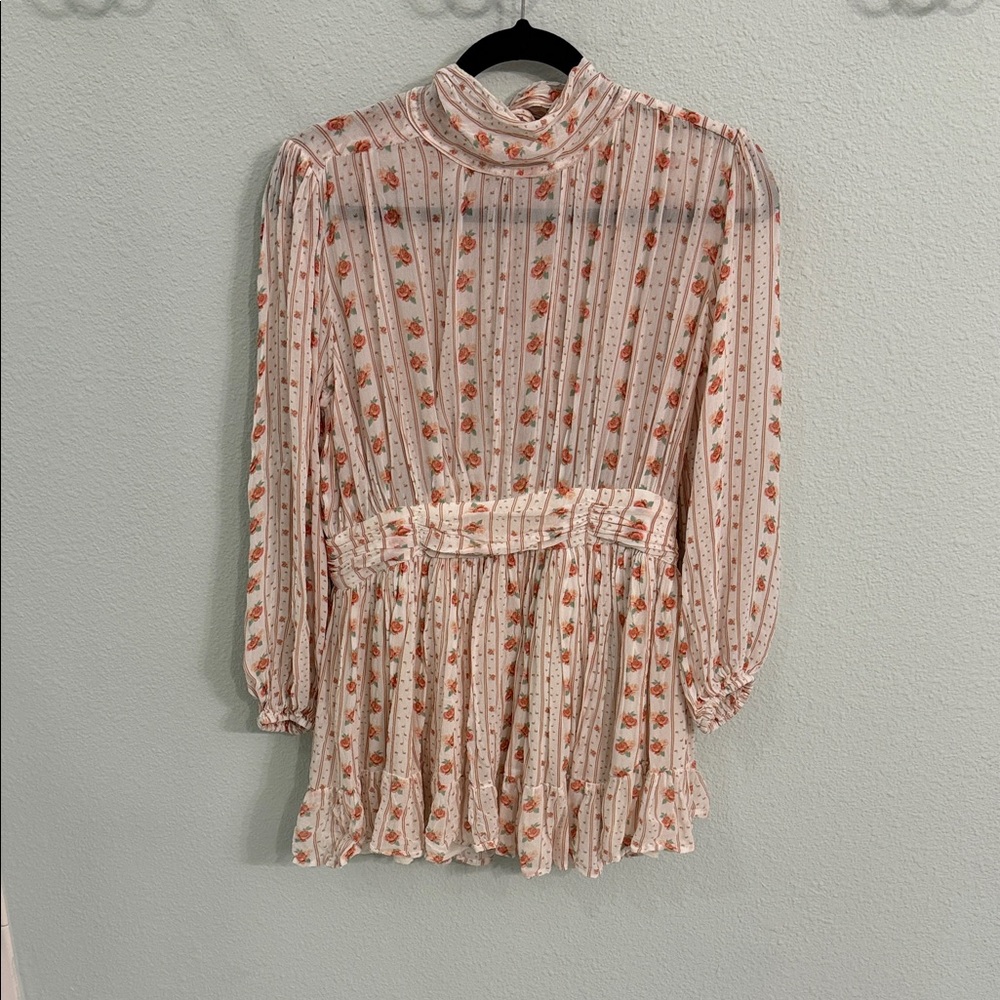 Anthropologie Floral Striped Mini Dress - Cream and Orange